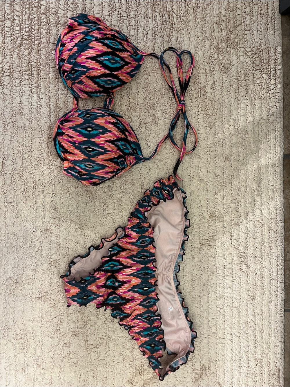 Shade & Shore Multicolor Ikat Print Push-Up Bikini - Pink, Blue, Black
